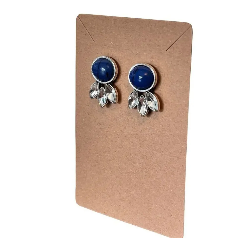 Blue Ink Acrylic Bead Rhinestone Post Earrings Silvertone .75